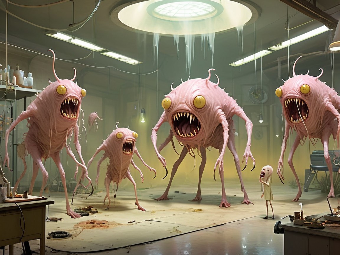 Grotesque Creatures in a Dimly Lit Laboratory Scene