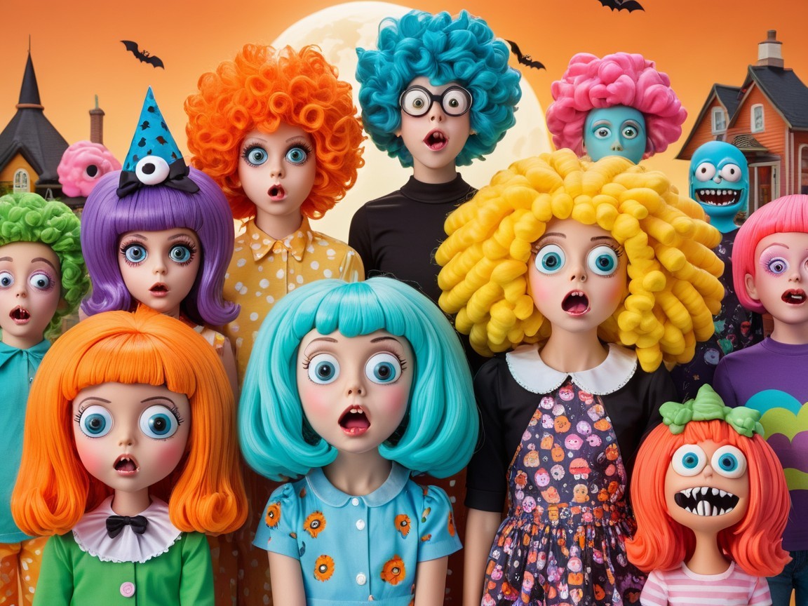 Colorful dolls with oversized heads in Halloween setting