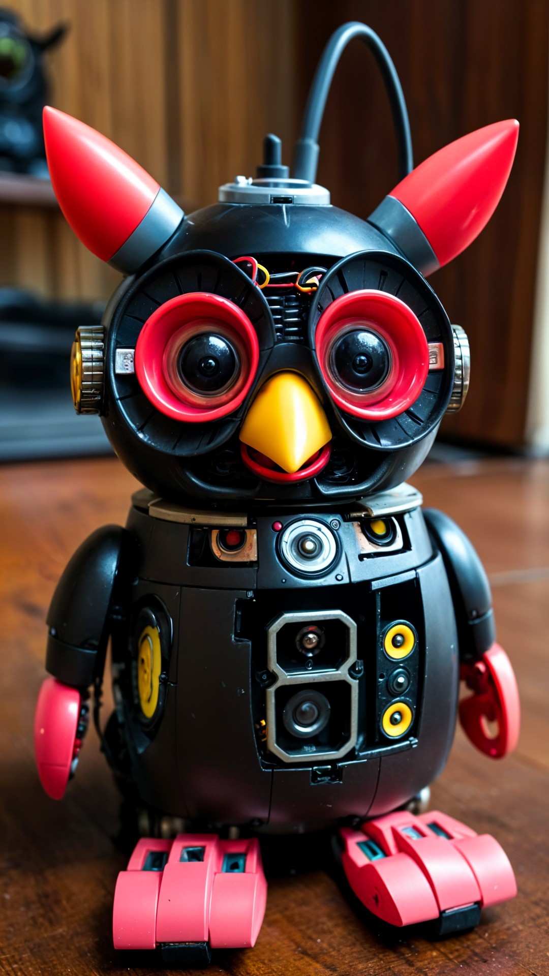 Whimsical Robotic Owl with Colorful Features and Design