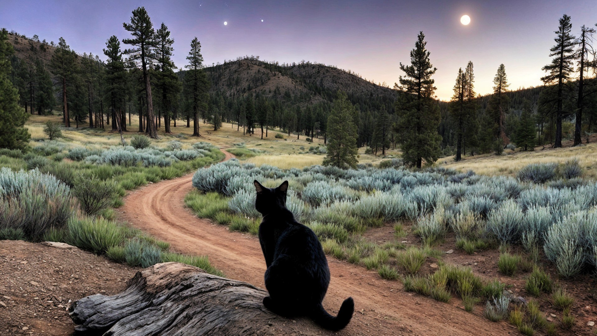 Black Cat on Log Overlooking Serene Dusk Landscape