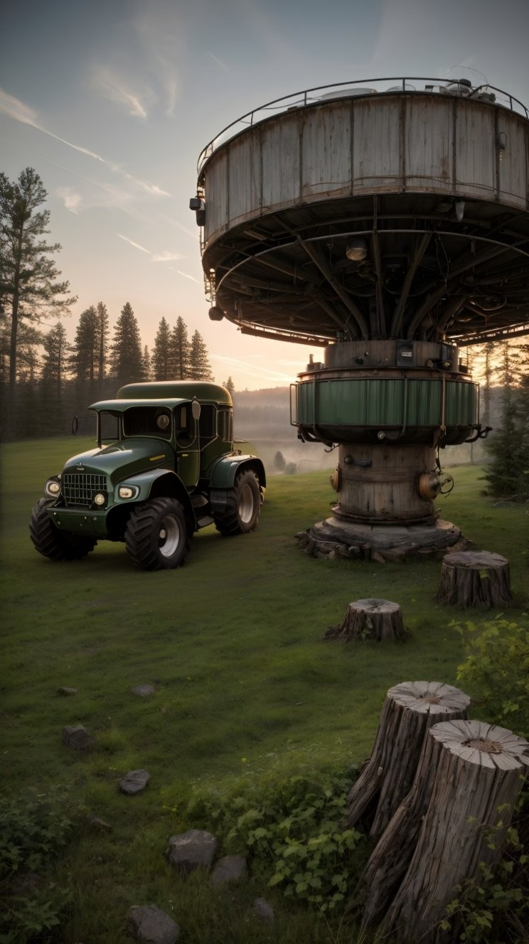 Vintage Green Truck in Serene Rustic Landscape