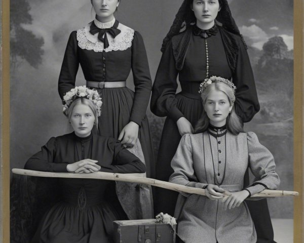 Vintage Attire of Four Women in Somber Landscape