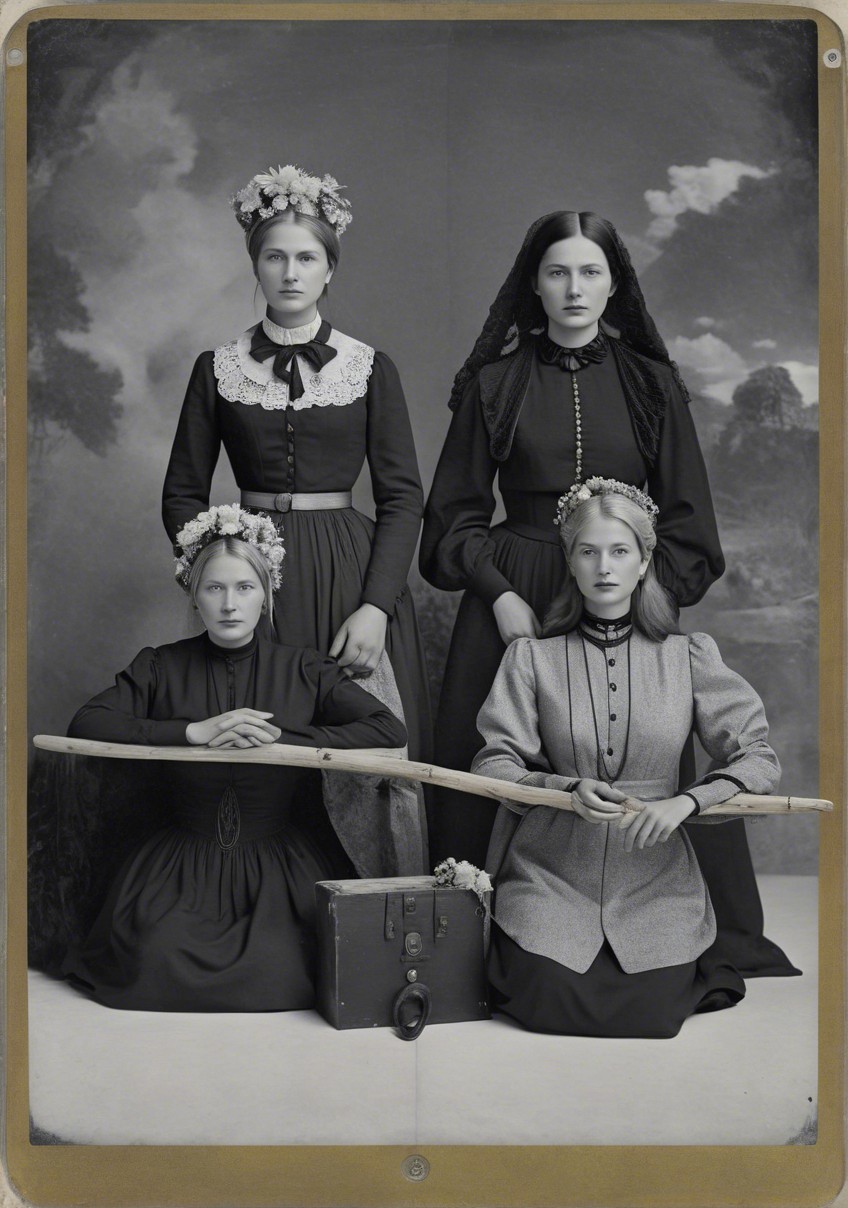 Vintage Attire of Four Women in Somber Landscape