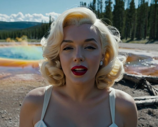 Glamorous Figure Against Vibrant Geothermal Feature