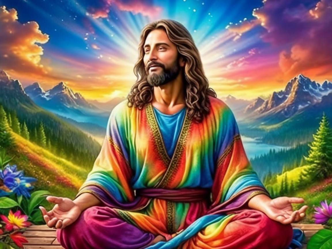 Serene Figure in Vibrant Robe Against Mountain Landscape