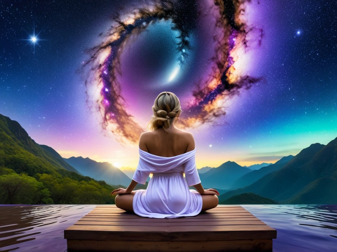 Woman Meditating on Dock with Cosmic Background