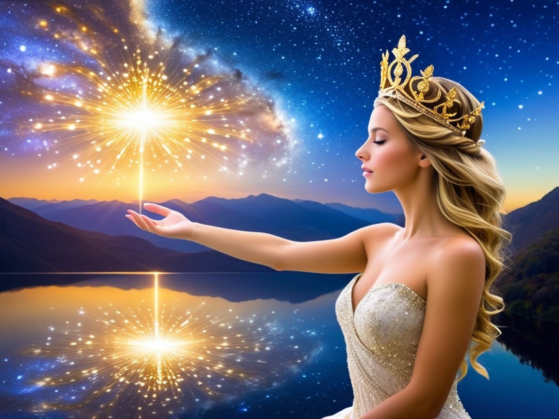 Serene woman in gown by tranquil lake at night