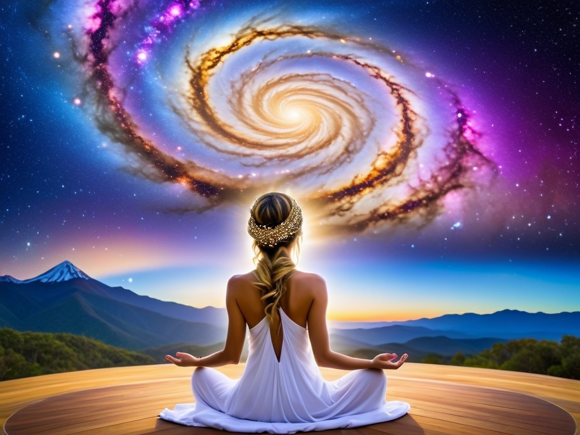 Woman Meditating on Platform with Galaxy Background
