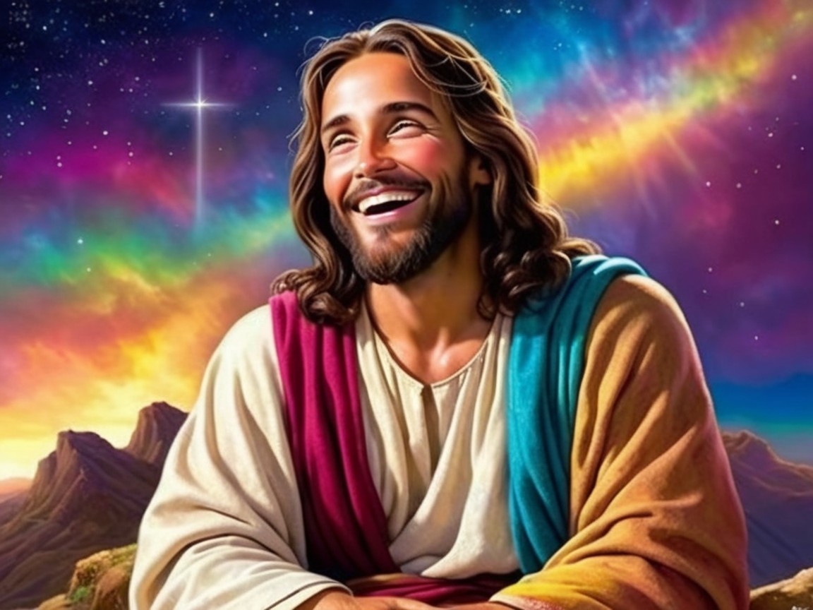 Smiling figure in vibrant robes against cosmic landscape