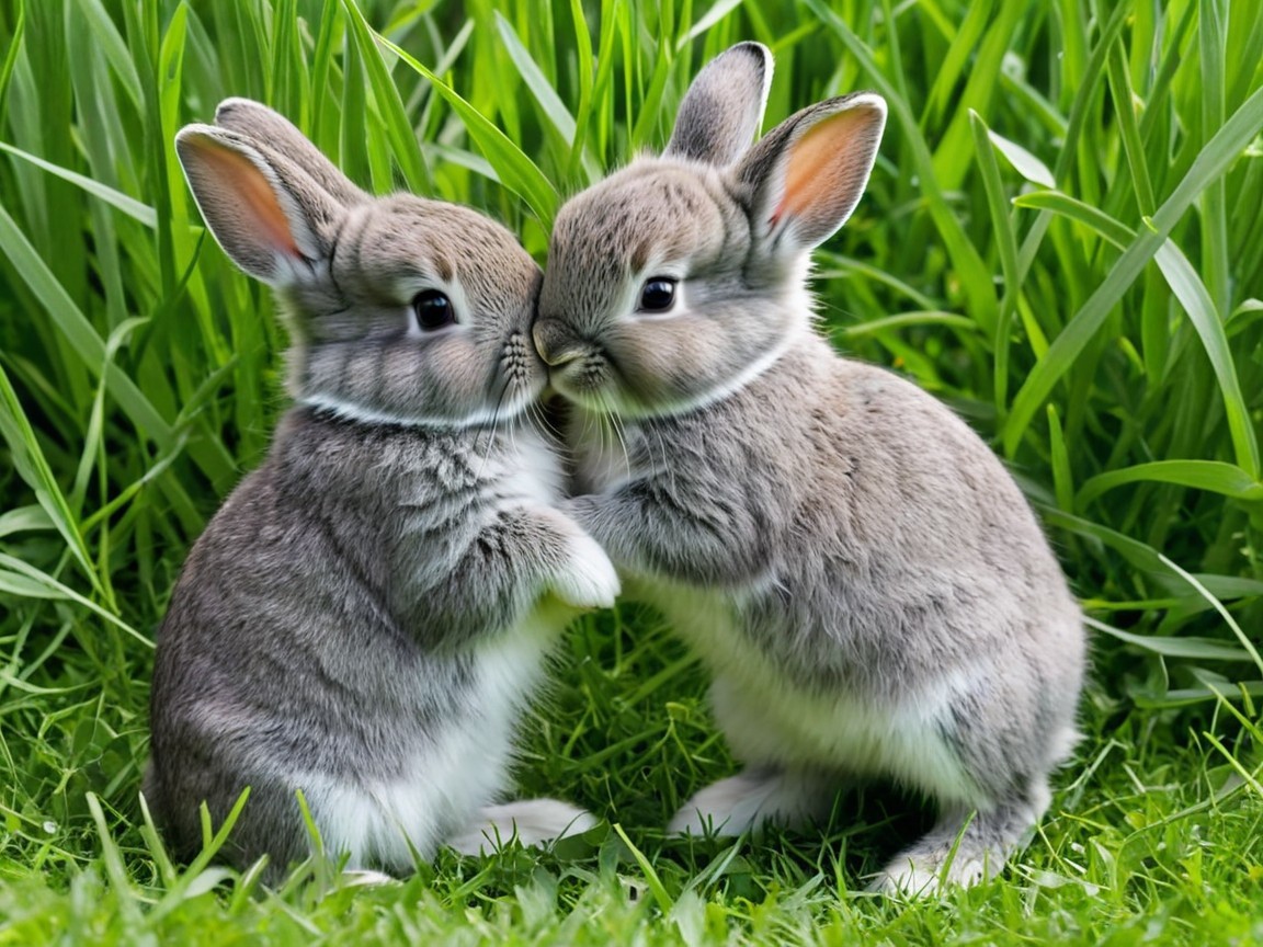 Gray rabbits in a green meadow sharing a moment of affection