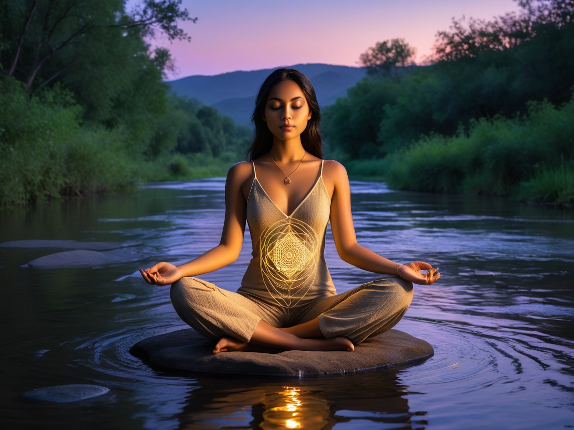 Serene Woman Meditating by Tranquil River at Dusk