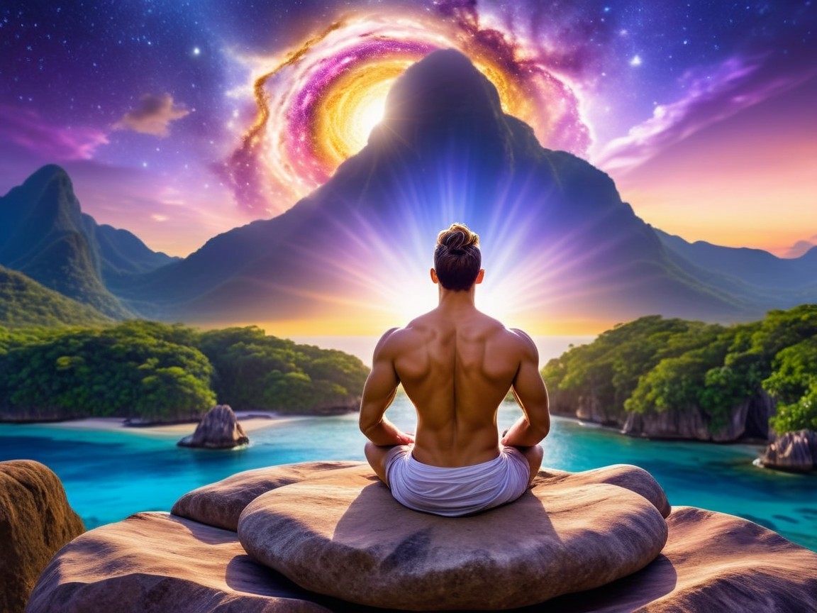Serene Figure Overlooking Cosmic Landscape and Nature