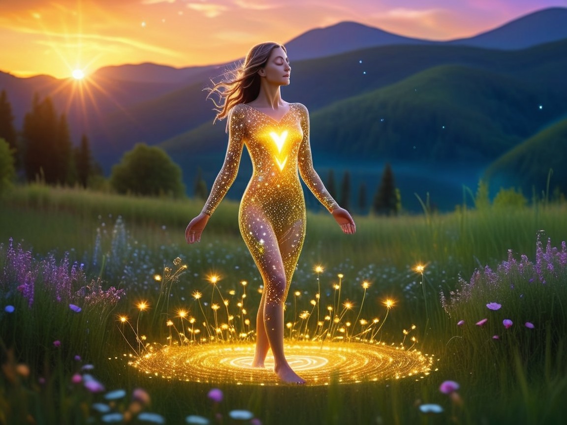 Serene Female Figure in Lush Meadow at Sunset