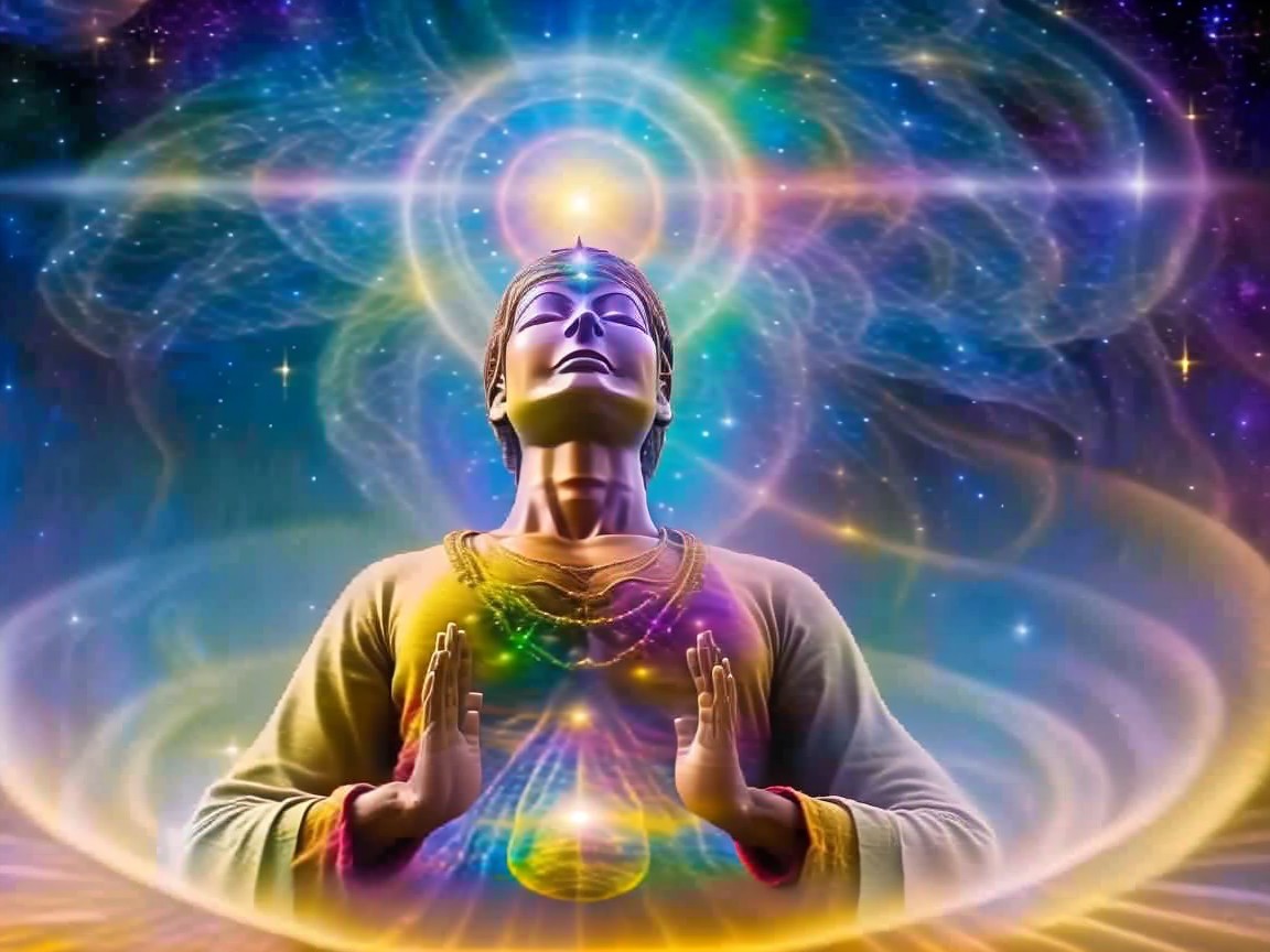 Meditating Figure Surrounded by Cosmic Elements