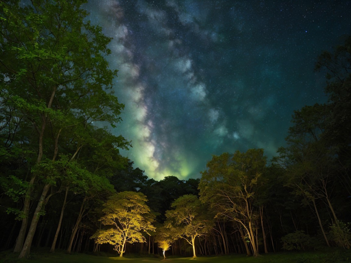 Starry Night Sky Over Serene Forest Landscape