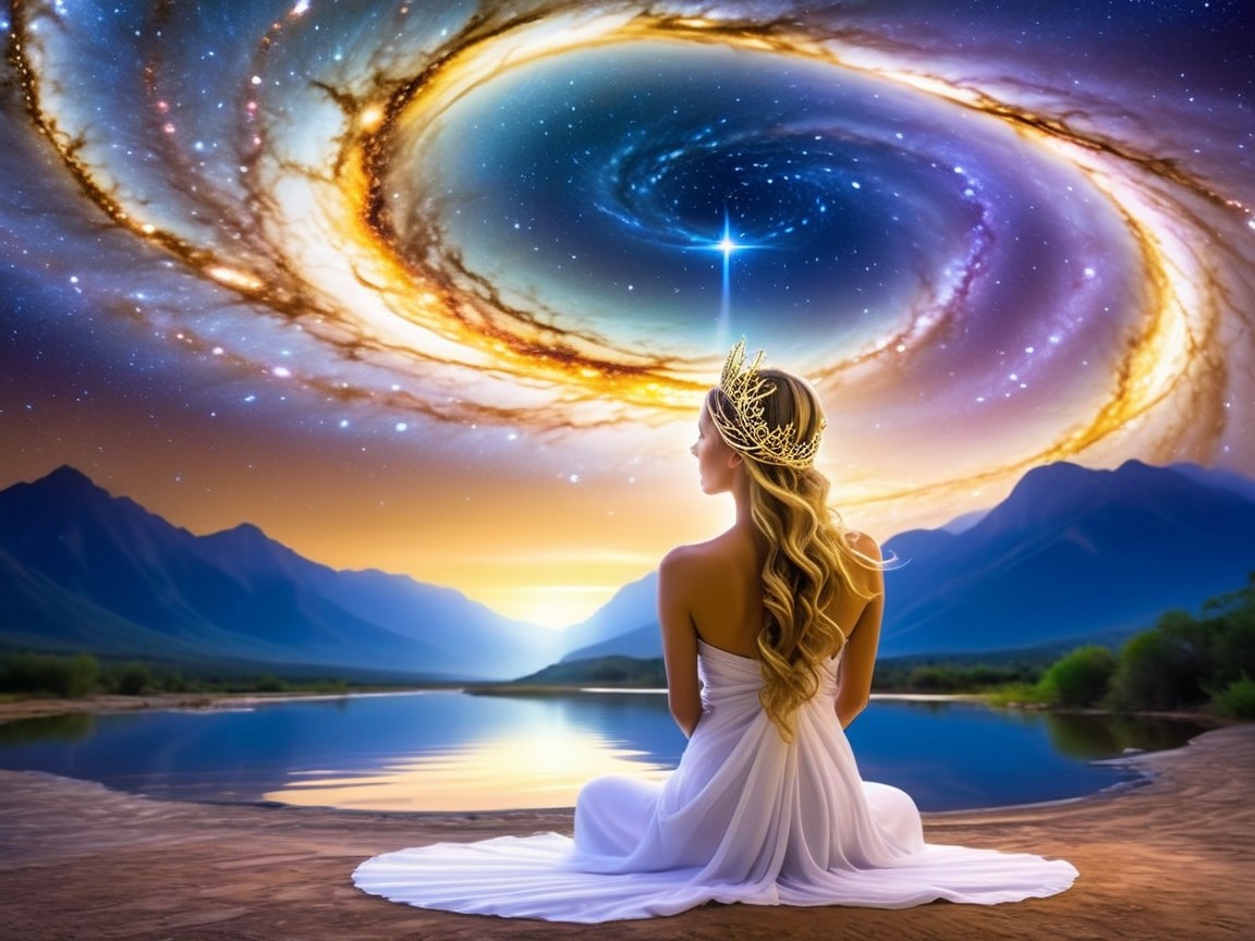 Tranquil Figure by Lake Under Spiraling Galaxy