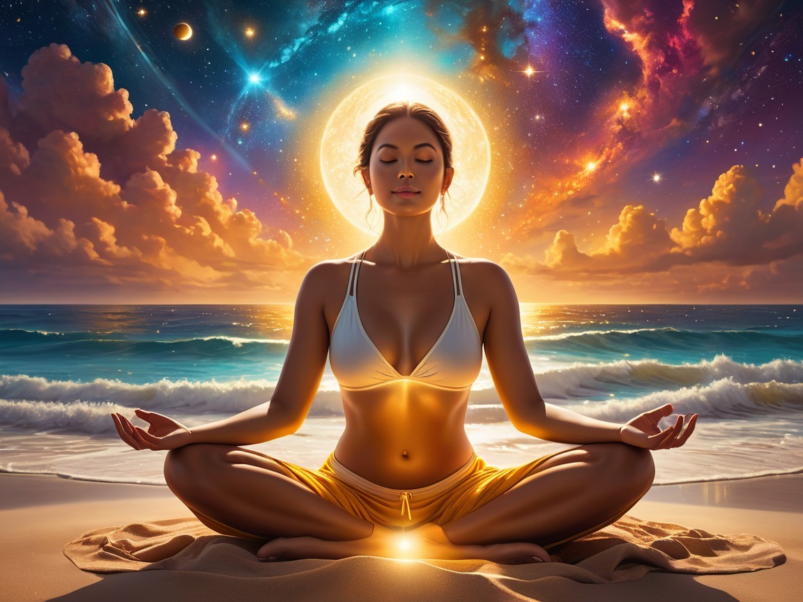 Serene Beach Meditation at Sunset with Cosmic Elements