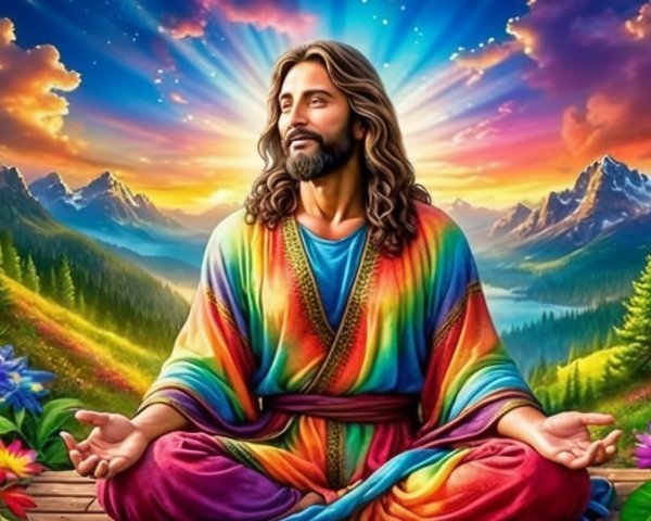 Serene Figure in Vibrant Robe Against Mountain Landscape