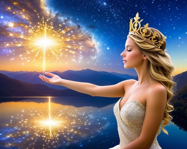 Serene woman in gown by tranquil lake at night