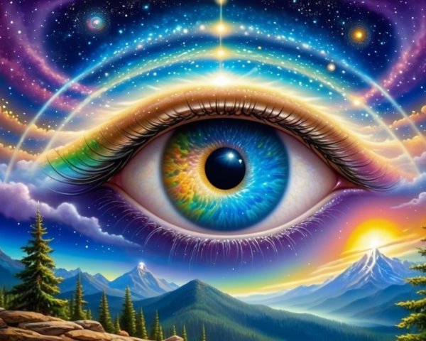 Cosmic Eye Surrounded by Galaxies and Mountains