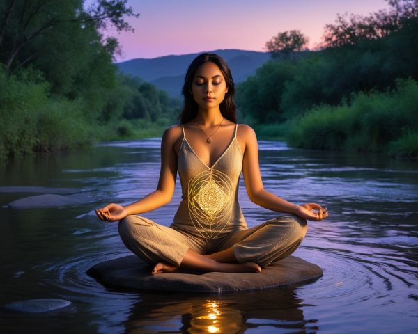 Serene Woman Meditating by Tranquil River at Dusk