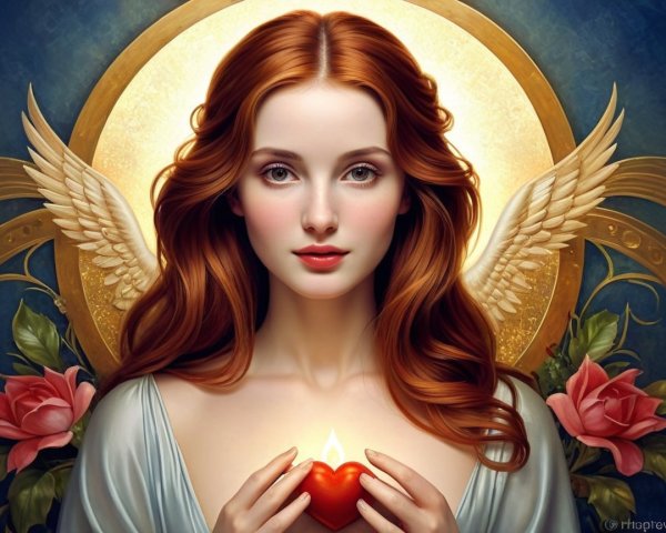 Ethereal figure with red hair and angelic wings