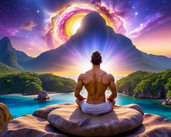 Serene Figure Overlooking Cosmic Landscape and Nature