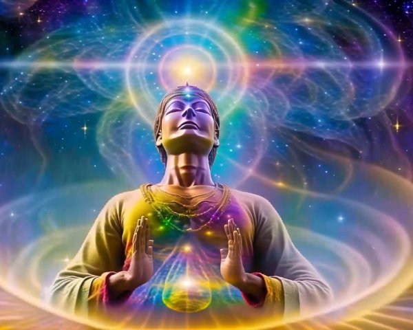 Meditating Figure Surrounded by Cosmic Elements