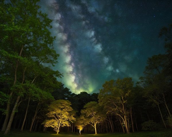 Starry Night Sky Over Serene Forest Landscape