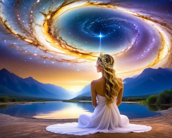 Tranquil Figure by Lake Under Spiraling Galaxy