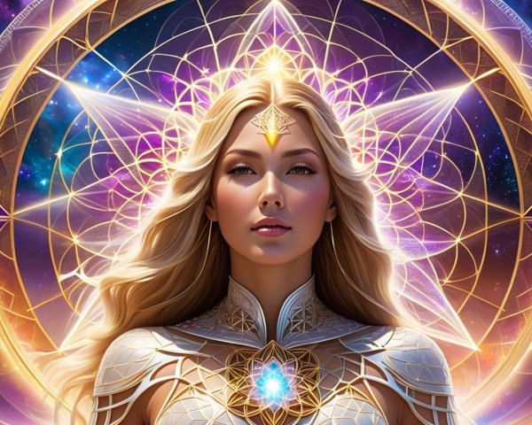 Angelic Woman in Intricate Armor with Glowing Gem