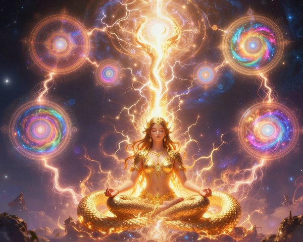 Cosmic Meditation Scene with Goddess and Mandalas