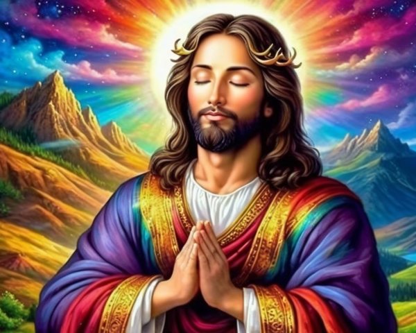 Serene figure in colorful robes with a radiant halo