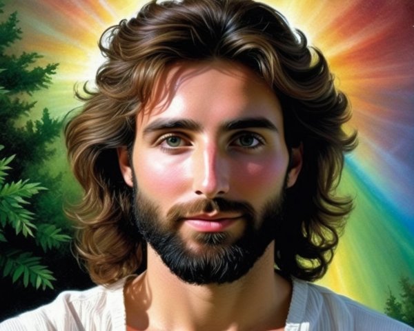 Young man with long hair and serene expression in nature