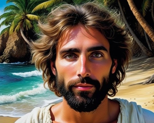 Young man by a tranquil beach with palm trees