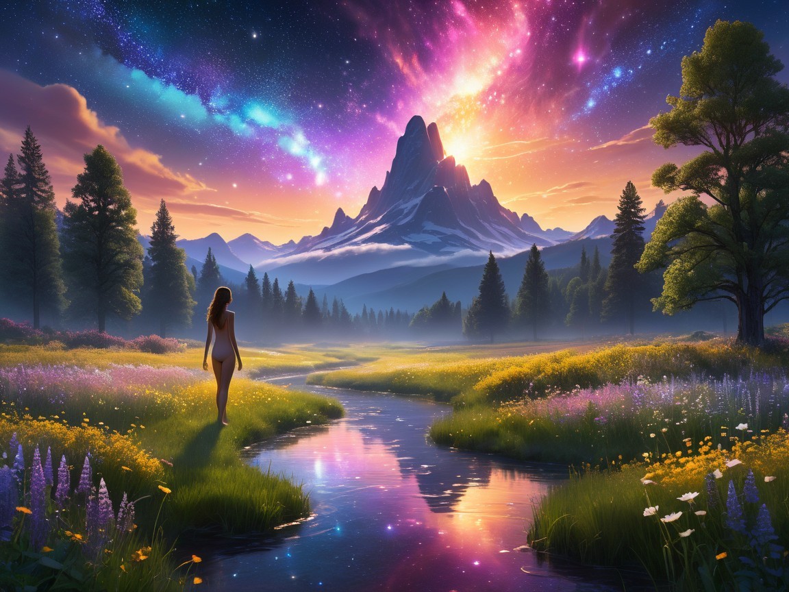 Serene Landscape with Cosmic Sky and Majestic Mountain
