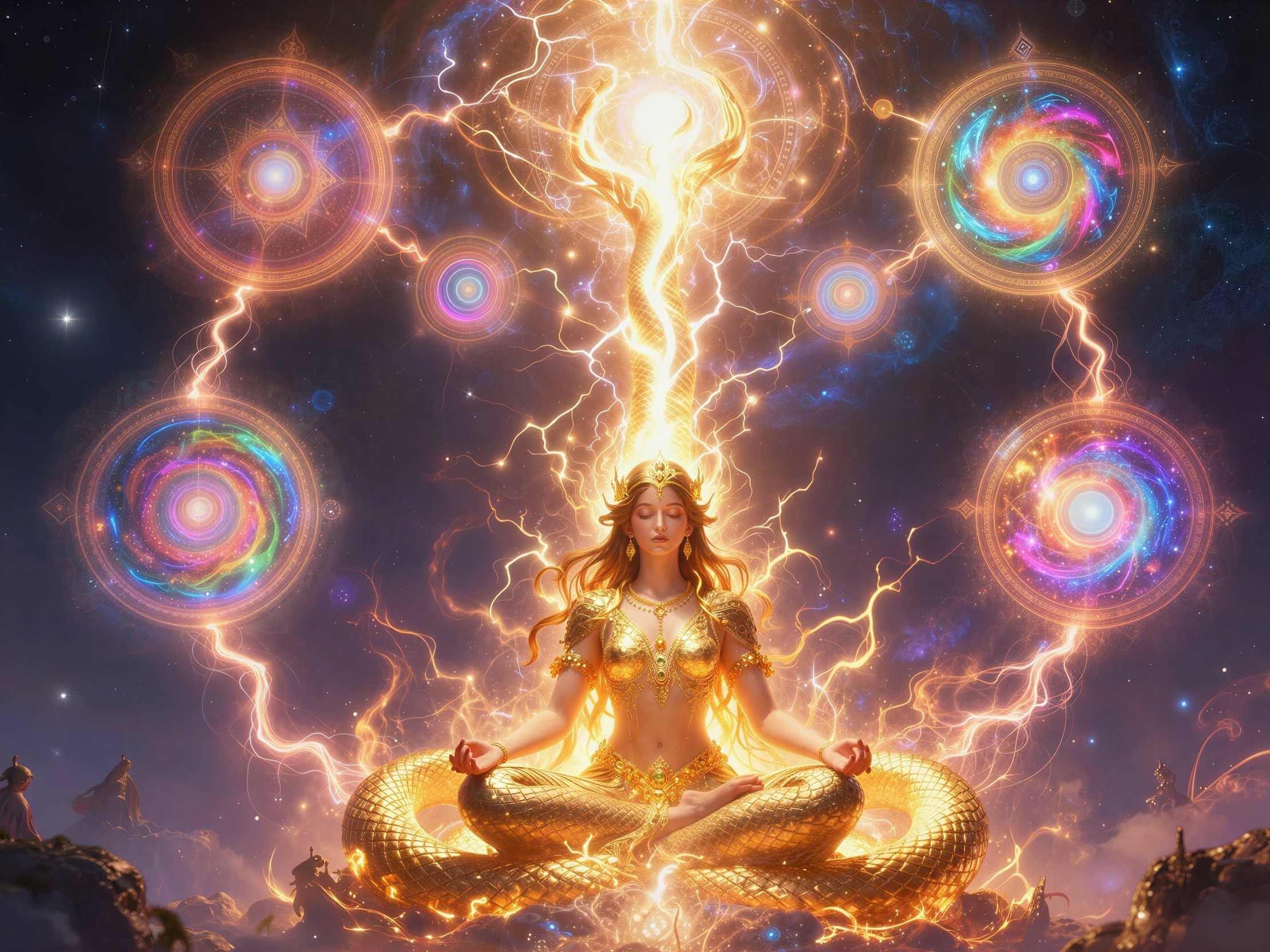 Cosmic Meditation Scene with Goddess and Mandalas