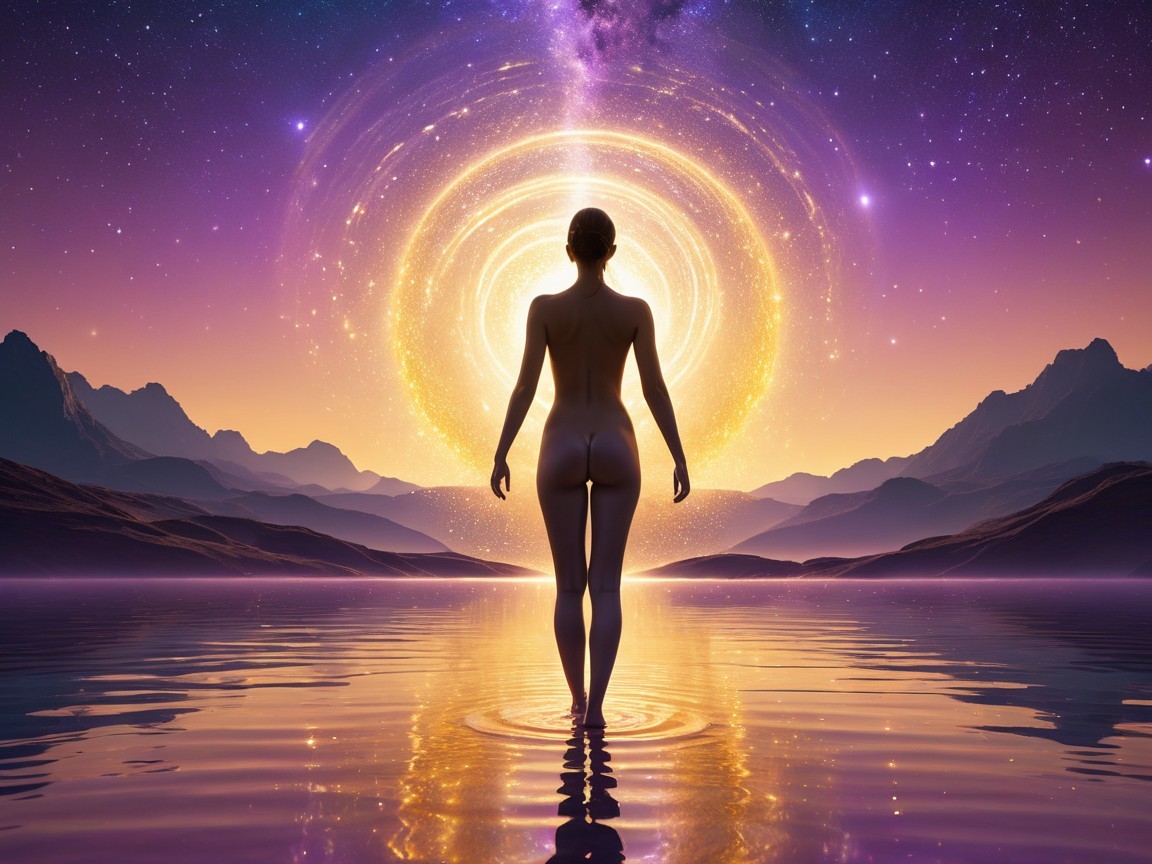 Silhouetted figure in water with cosmic light and mountains