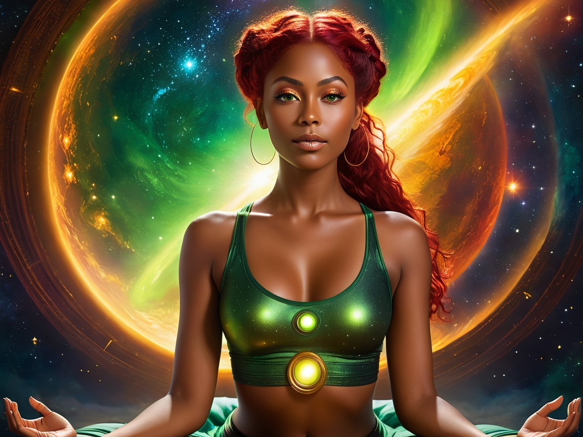 Serene Woman in Meditative Pose Against Cosmic Backdrop
