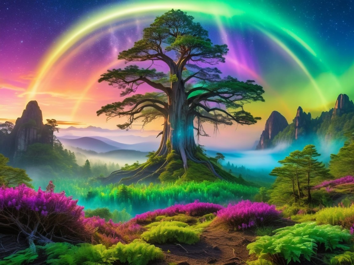Dreamlike Landscape with Ancient Tree and Vibrant Sky