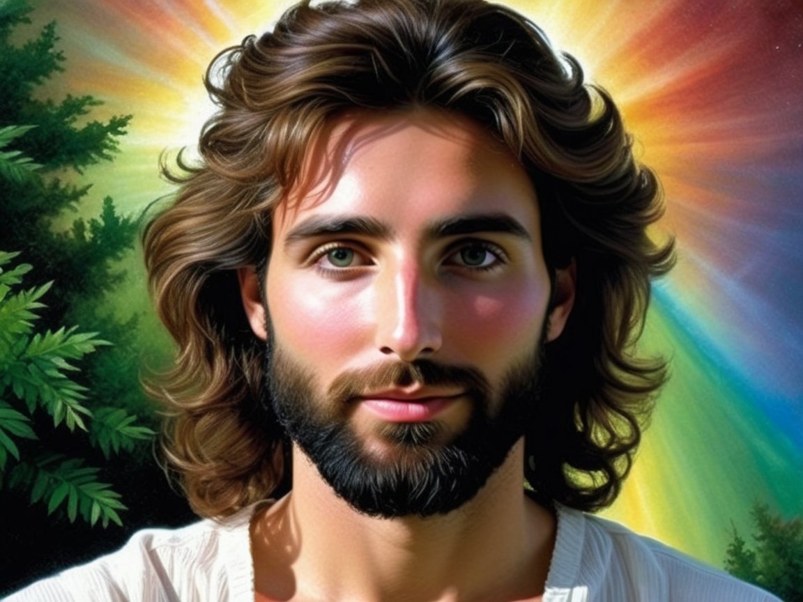 Young man with long hair and serene expression in nature