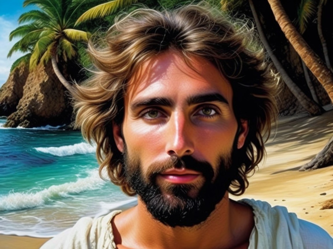 Young man by a tranquil beach with palm trees