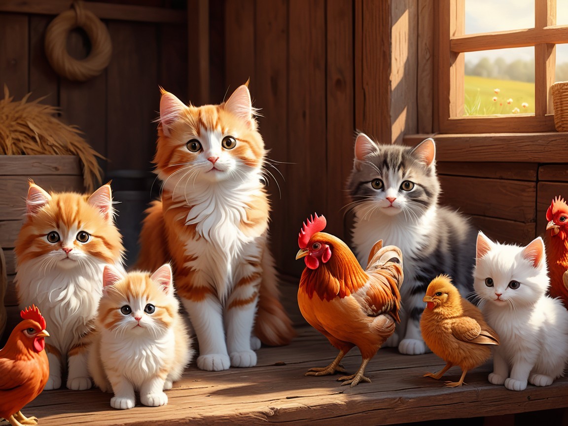 Cozy Scene with Cats and Chickens in Sunlight