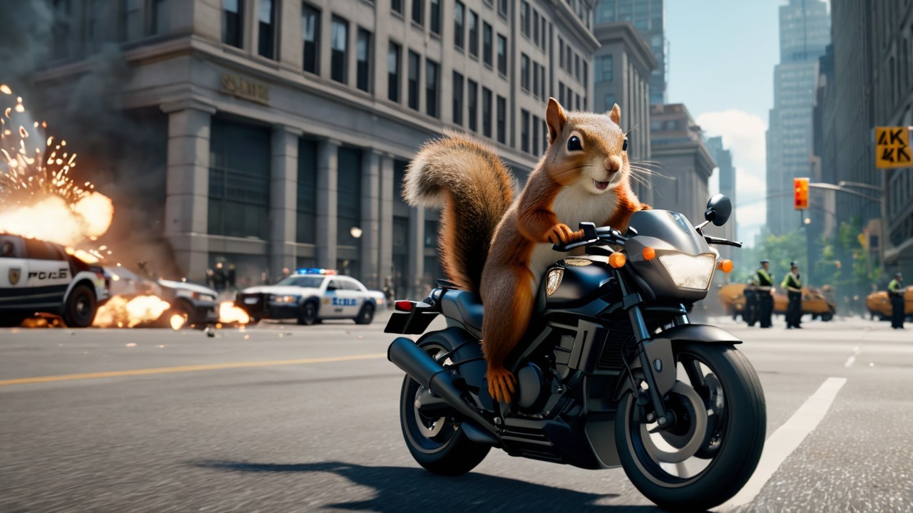 Cartoon Squirrel Riding Motorcycle in City Chaos
