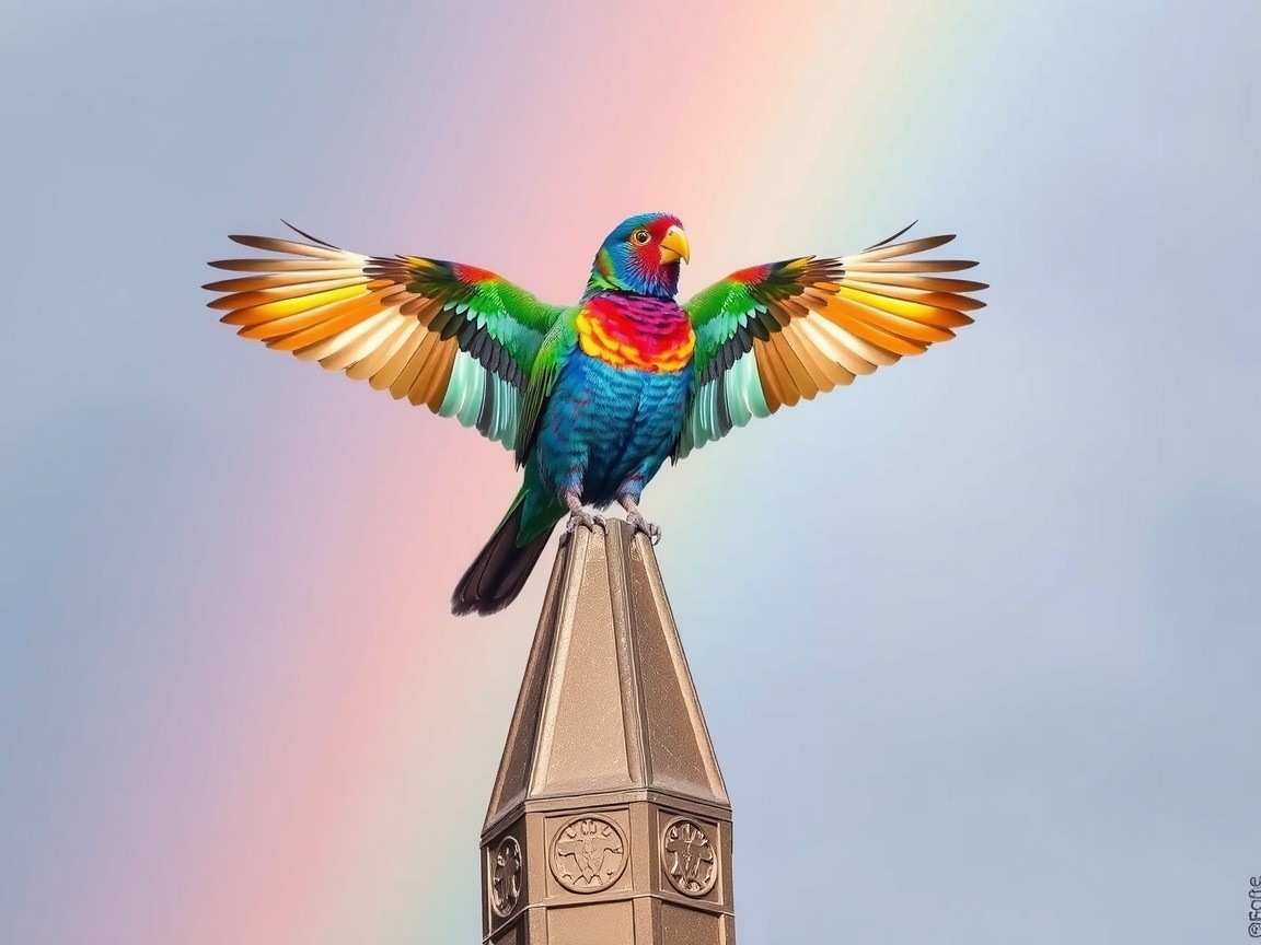 Vibrant Multi-Colored Bird on Decorative Spire