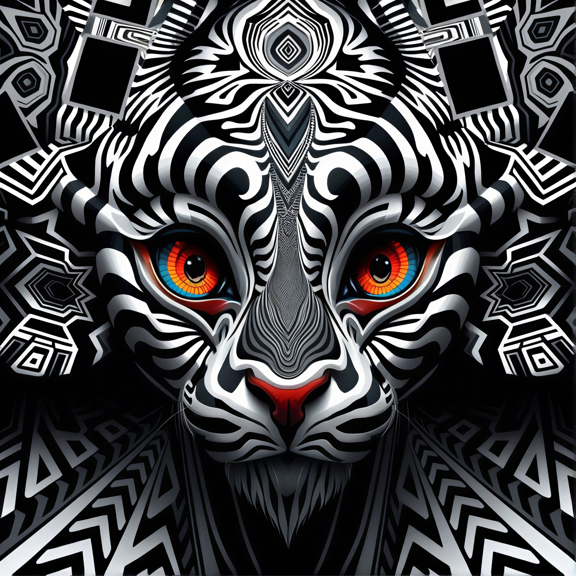 Artistic Tiger Face with Bold Patterns and Colors
