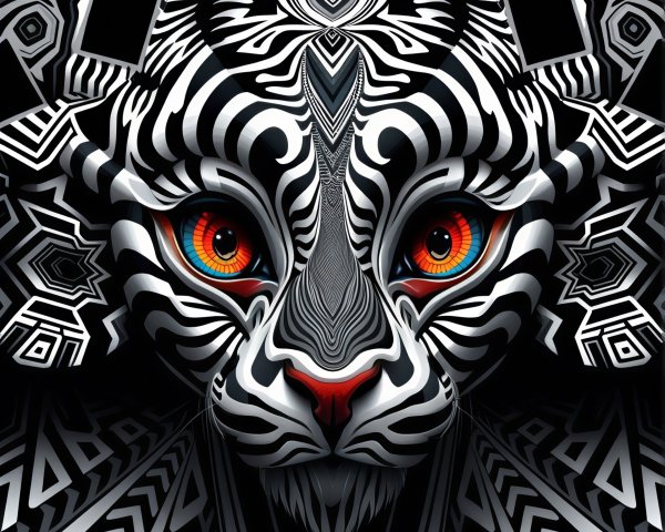 Artistic Tiger Face with Bold Patterns and Colors