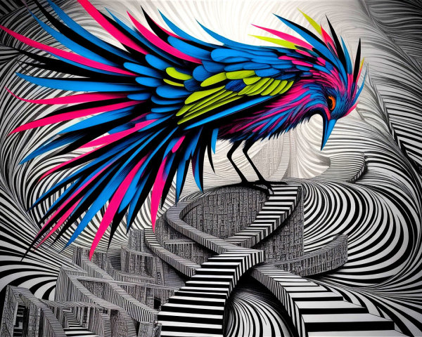 Vibrant Multicolored Bird on Spiraling Staircase