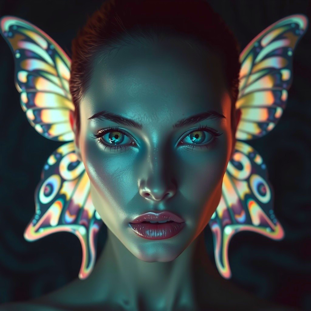 Portrait of a woman with butterfly wings and luminous skin