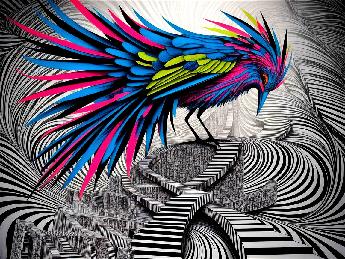 Vibrant Multicolored Bird on Spiraling Staircase